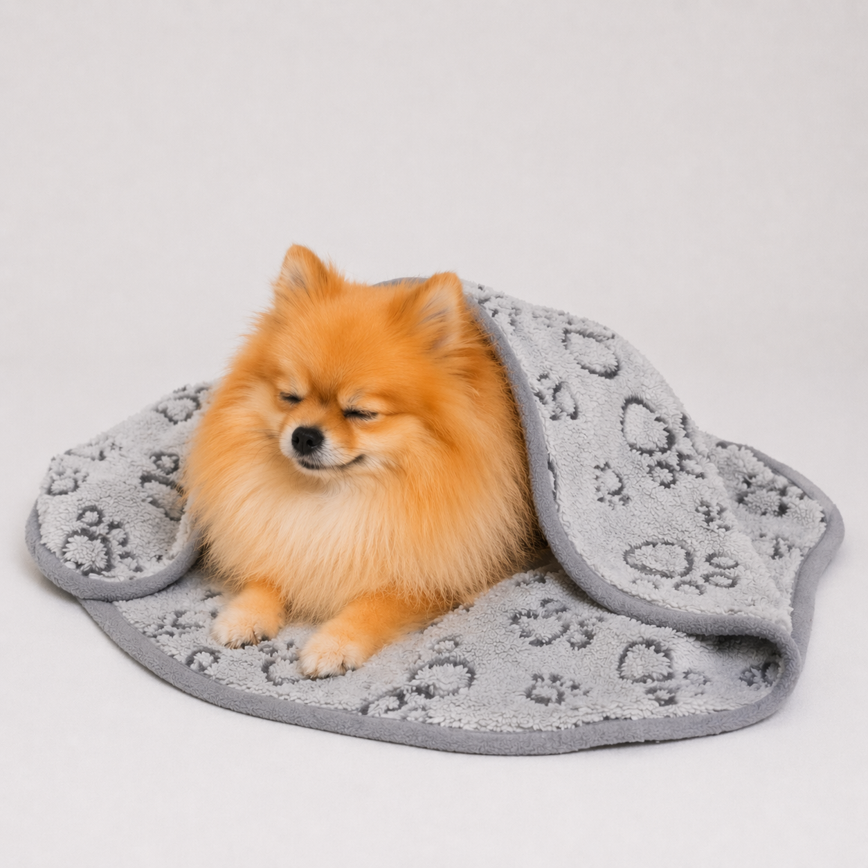 Pomeranian liegt auf der Fleece Pfotendecke