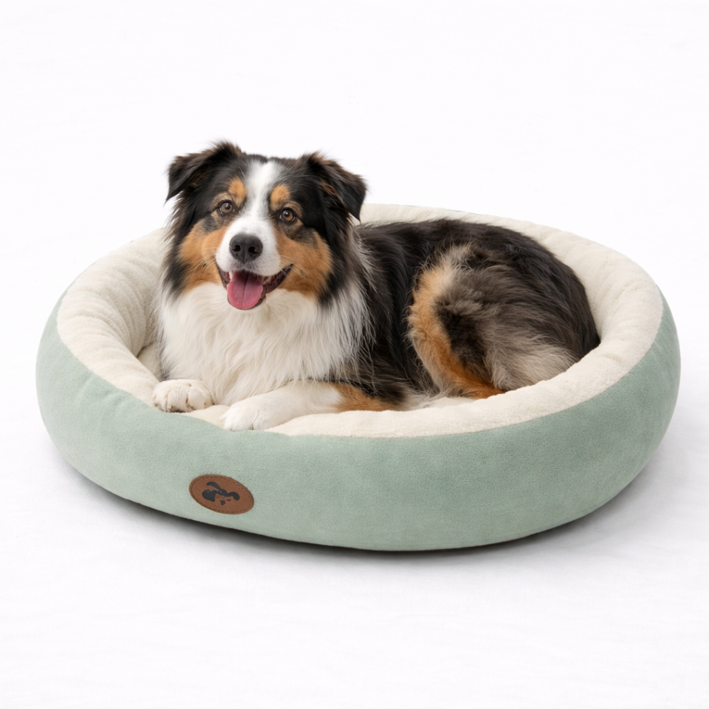 Australian Shepherd liegt in seinem Hundebett