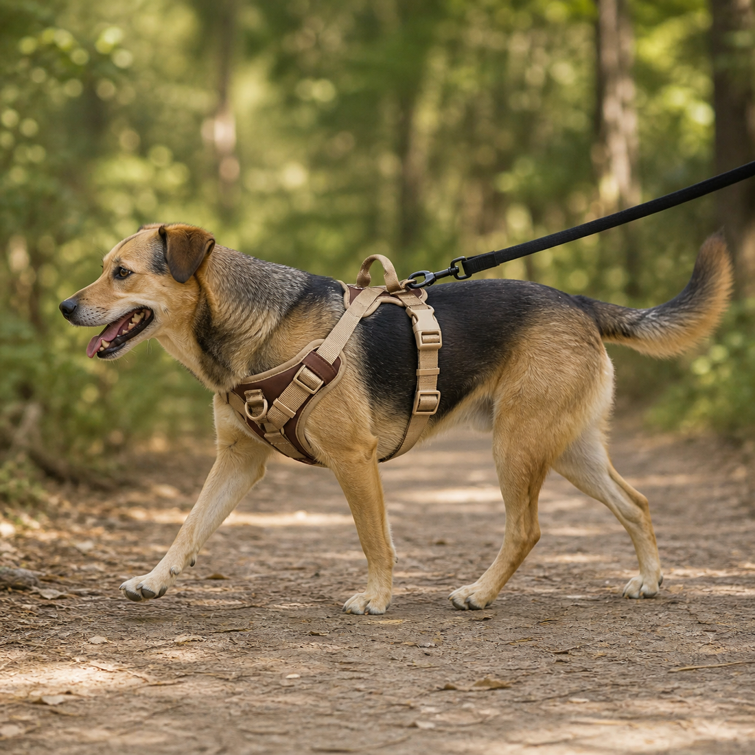 Hund im Geschirr an lockerer Leine auf einem Waldweg