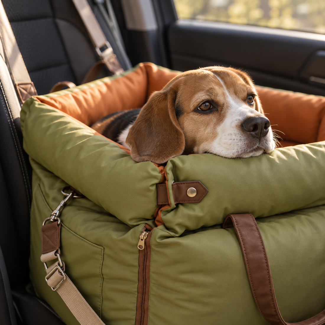 Hund im Hundeautositz aus Kunstleder auf dem Autositz, Nahaufnahme