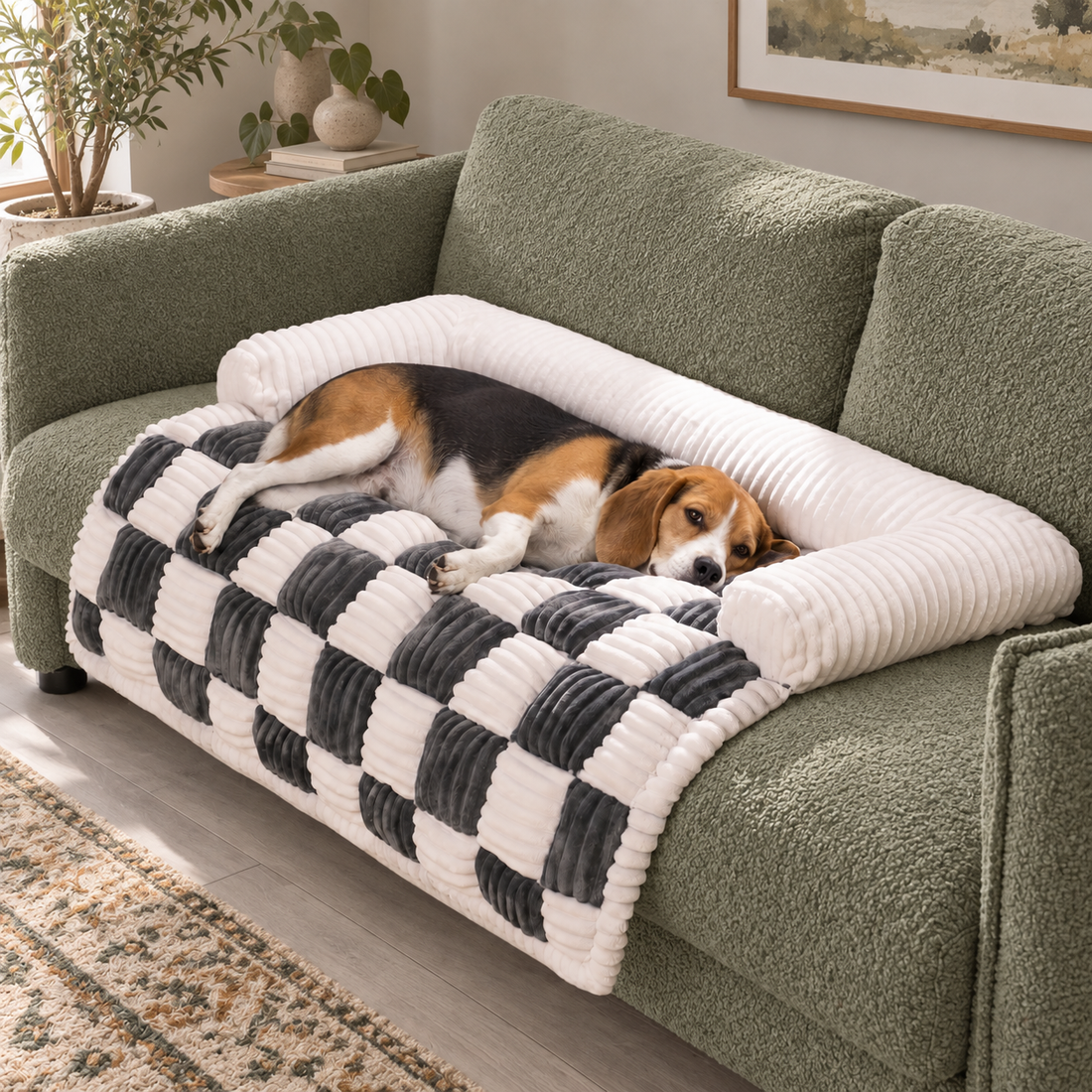 Beagle liegt auf der gepolsterten Hundedecke fürs Sofa in Grau