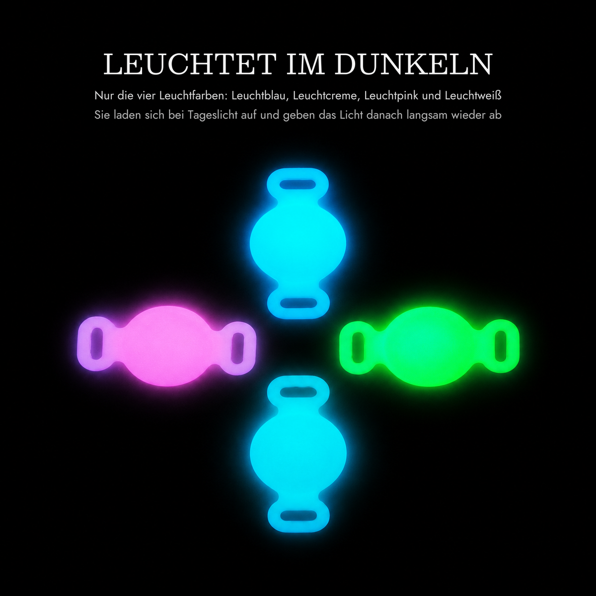 Nur die vier Leuchtfarben Leuchtblau, Leuchtcreme, Leuchtpink und Leuchtweiß leuchten im Dunkeln nach
