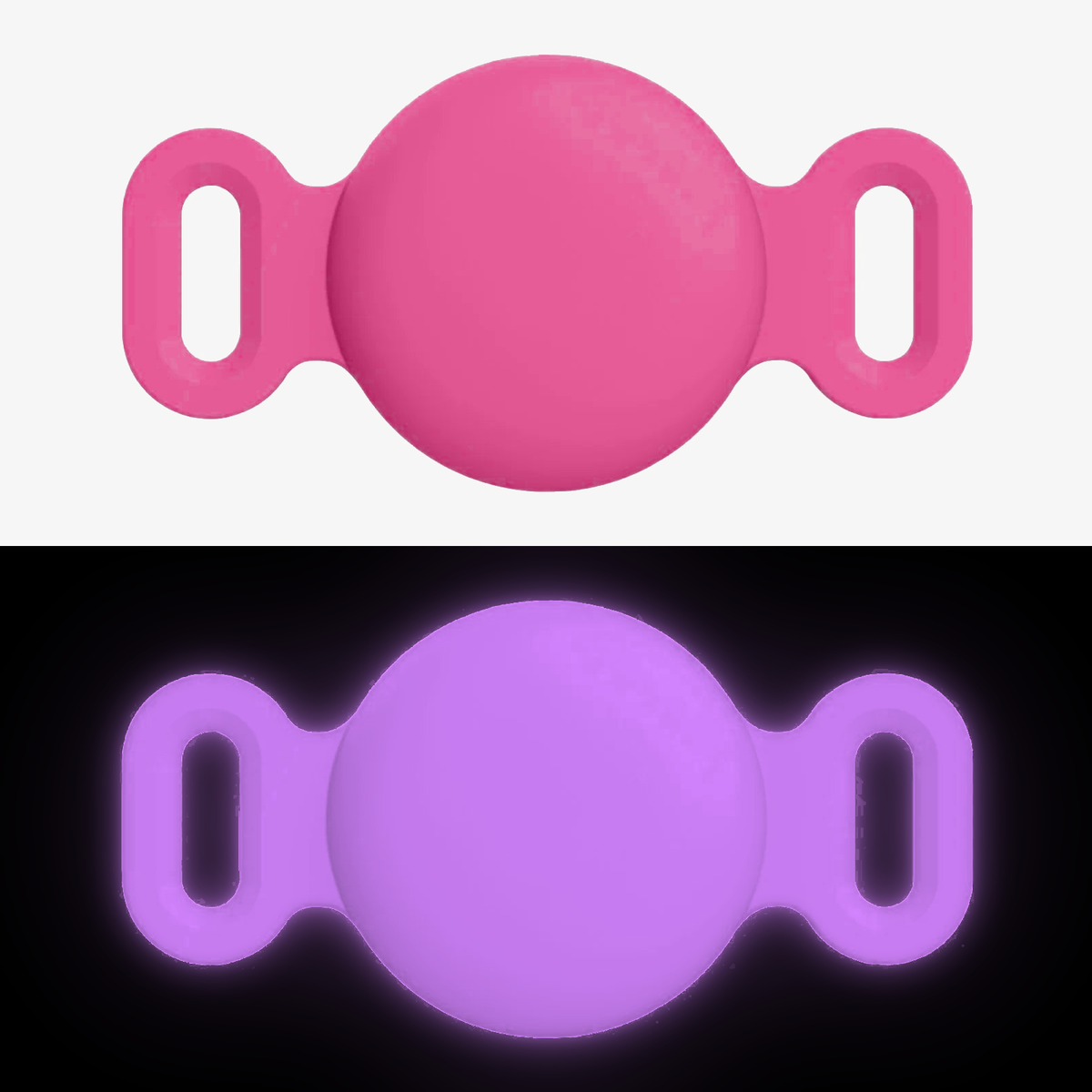Halterung kompatibel mit AirTag in Leuchtpink, leuchtet im Dunkeln violett nach