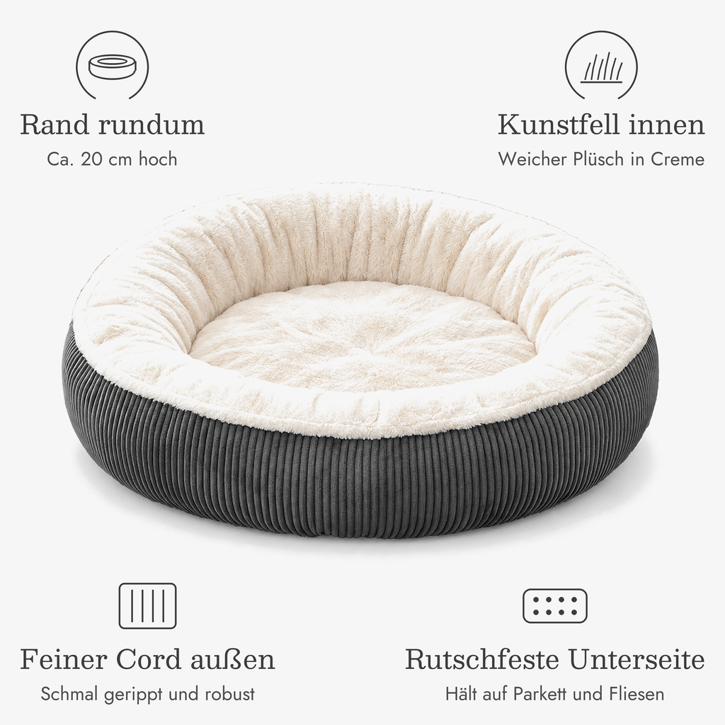 Donut Hundebett Cord: Rand rundum ca. 20 cm hoch, Kunstfell innen, feiner Cord außen, rutschfeste Unterseite