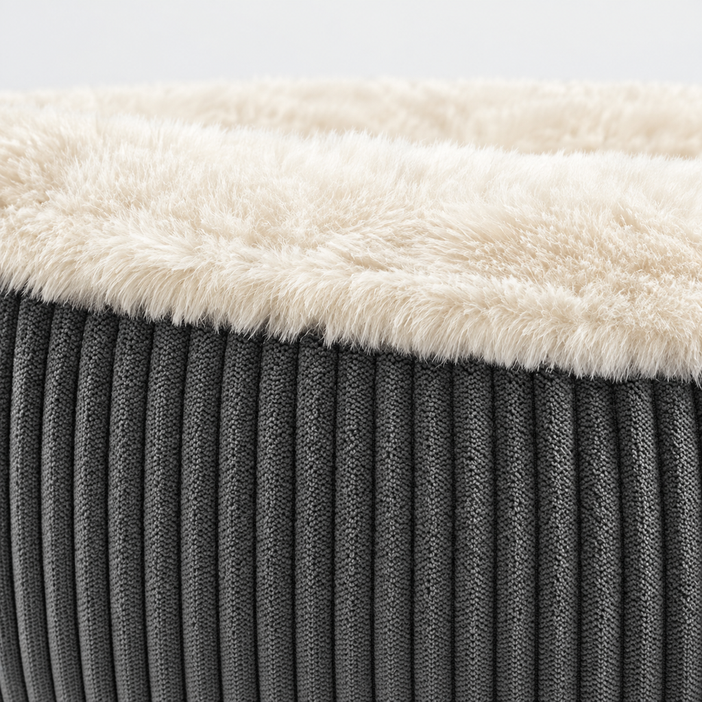 Donut Hundebett Cord – Detail Cordwand mit Kunstfell-Rand