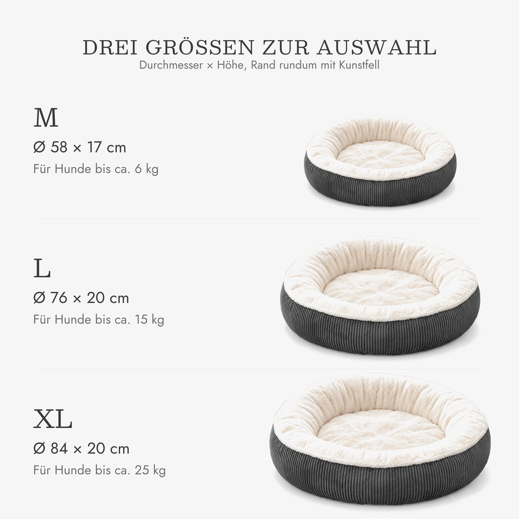 Donut Hundebett Cord in drei Größen: M Ø 58 cm, L Ø 76 cm, XL Ø 84 cm