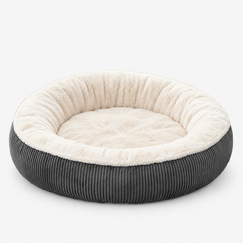 Donut Hundebett Cord in Graphit mit cremefarbenem Kunstfell-Rand