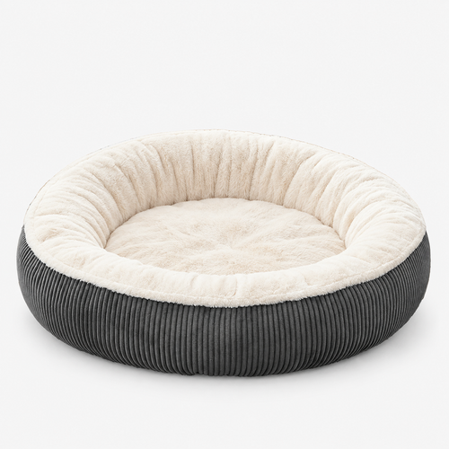 Donut Hundebett Cord in Graphit mit cremefarbenem Kunstfell-Rand