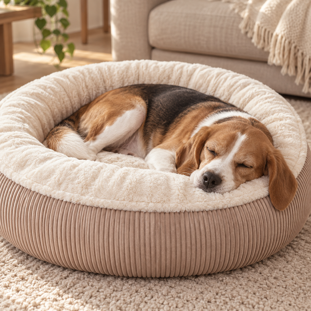 Beagle schläft zusammengerollt im Donut Hundebett Cord in Taupe