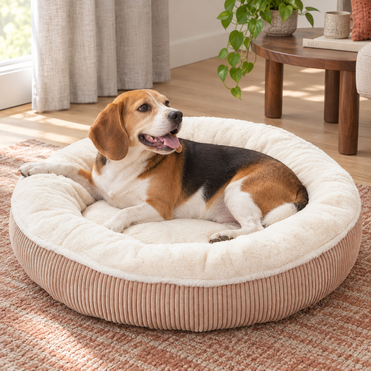 Beagle liegt im Donut Hundebett Cord in Taupe