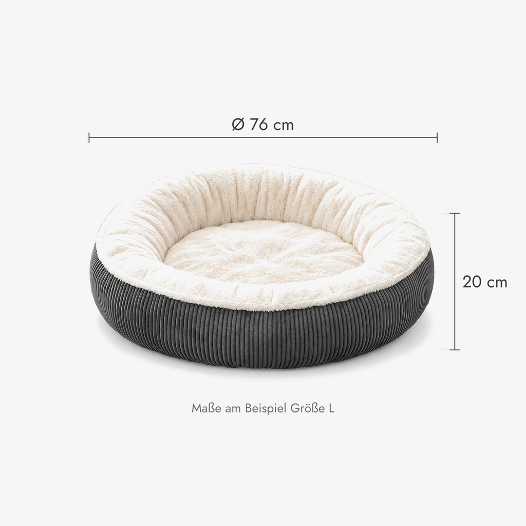 Donut Hundebett Cord mit Maßangaben, Größe L: Ø 76 cm, 20 cm hoch