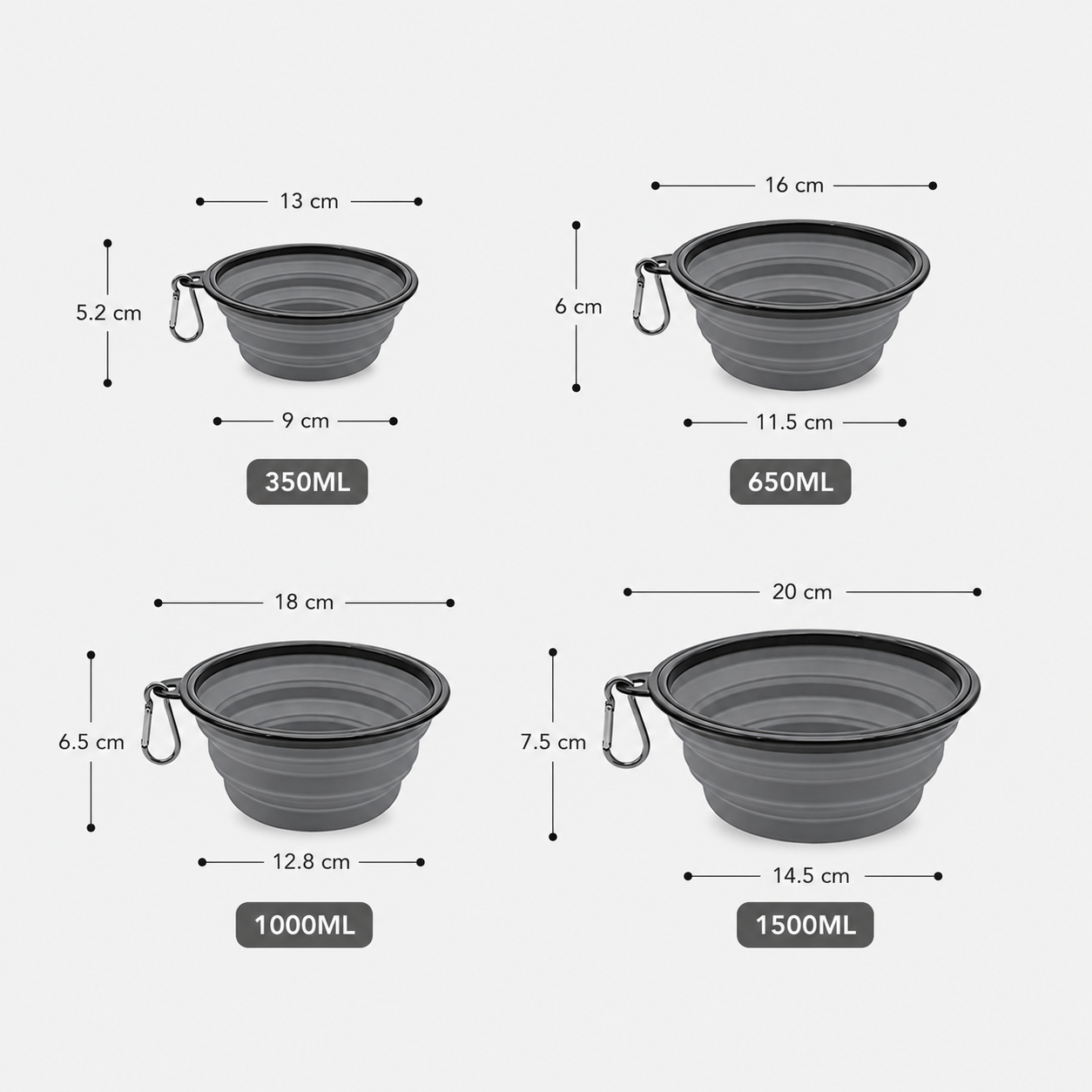 Die vier Größen des faltbaren Reisenapfes im Vergleich: 350 ml, 650 ml, 1000 ml und 1500 ml