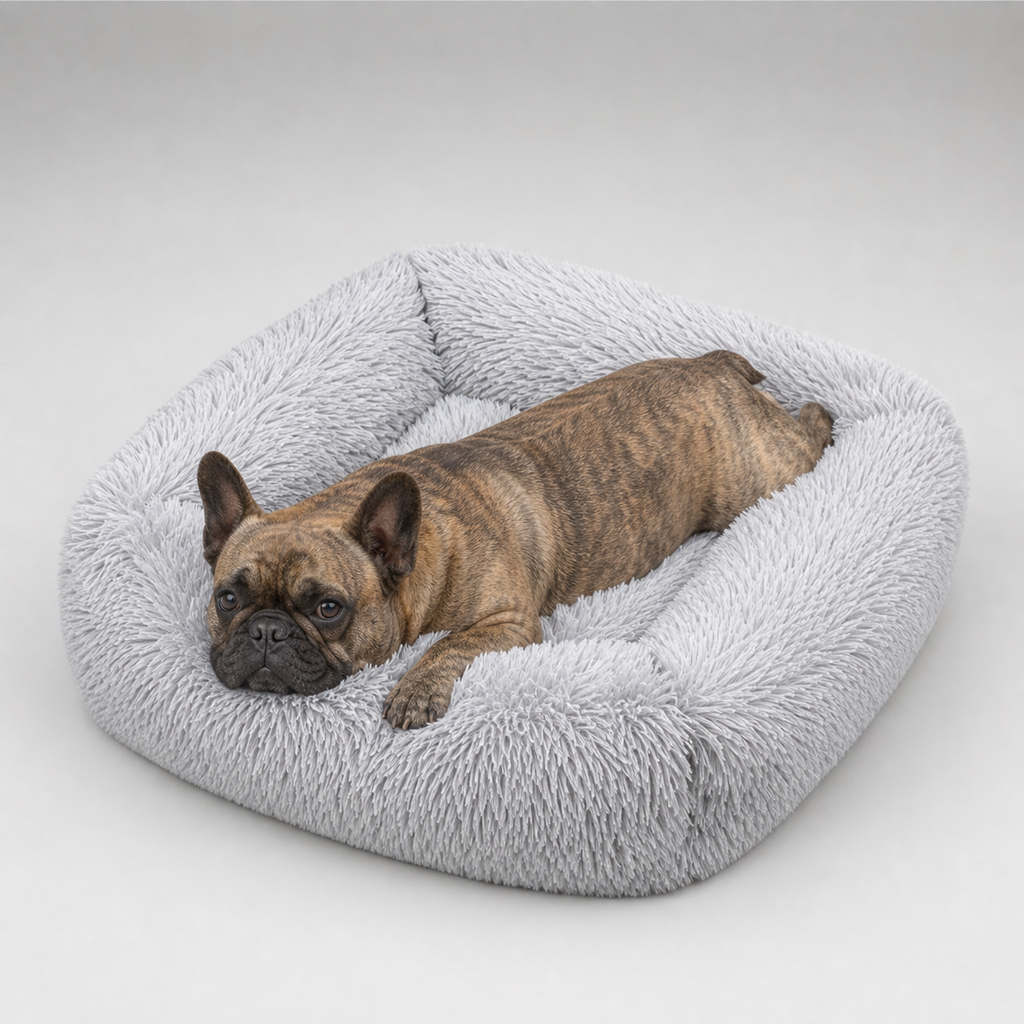 Französische Bulldogge liegt im flauschigen Hundebett