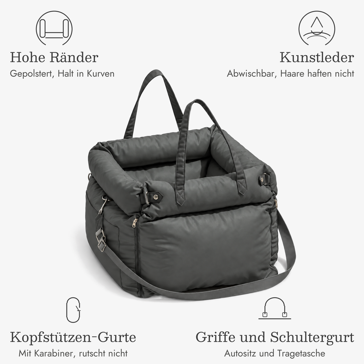 Hundeautositz Kunstleder in Graphit, Vorteile: hohe gepolsterte Ränder, abwischbares Kunstleder, Kopfstützen-Gurte mit Karabiner, Griffe und Schultergurt als Tragetasche