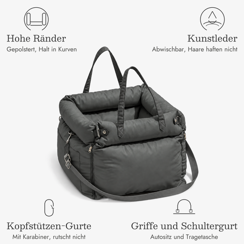 Hundeautositz Kunstleder in Graphit, Vorteile: hohe gepolsterte Ränder, abwischbares Kunstleder, Kopfstützen-Gurte mit Karabiner, Griffe und Schultergurt als Tragetasche