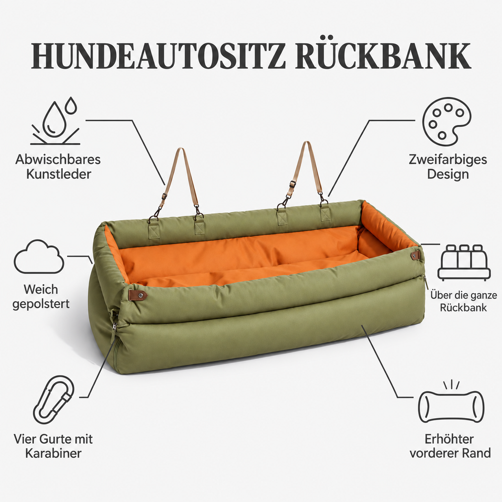 Hundeautositz Rückbank Vorteile: abwischbares Kunstleder, weich gepolstert, vier Gurte mit Karabiner, über die ganze Rückbank, erhöhter vorderer Rand