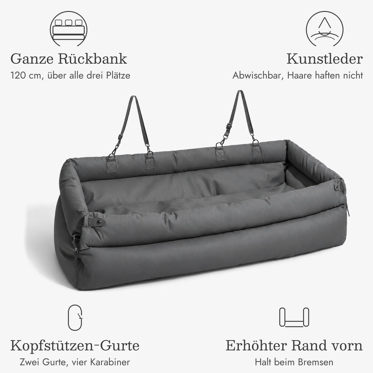 Hundeautositz Rückbank in Graphit, Vorteile: 120 cm über die ganze Rückbank, abwischbares Kunstleder, zwei Kopfstützen-Gurte mit vier Karabinern, erhöhter Rand vorn als Halt beim Bremsen
