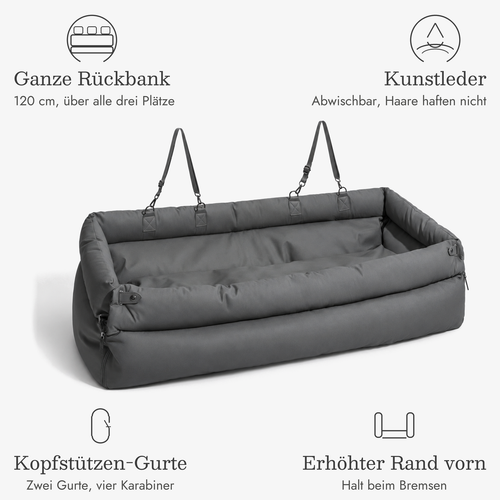 Hundeautositz Rückbank in Graphit, Vorteile: 120 cm über die ganze Rückbank, abwischbares Kunstleder, zwei Kopfstützen-Gurte mit vier Karabinern, erhöhter Rand vorn als Halt beim Bremsen