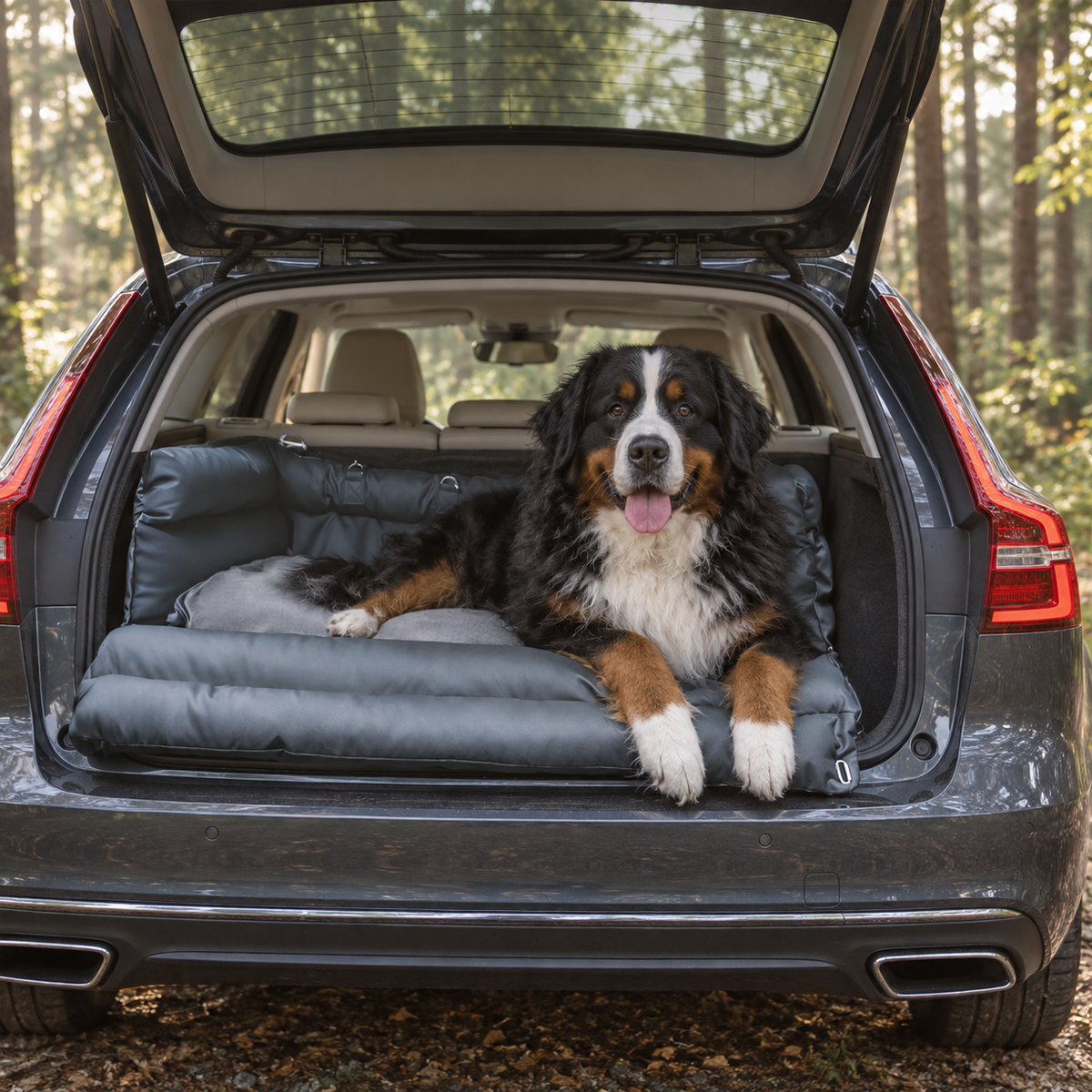 Berner Sennenhund liegt im aufgeklappten Hundeautositz Rückbank im Kofferraum eines Kombis