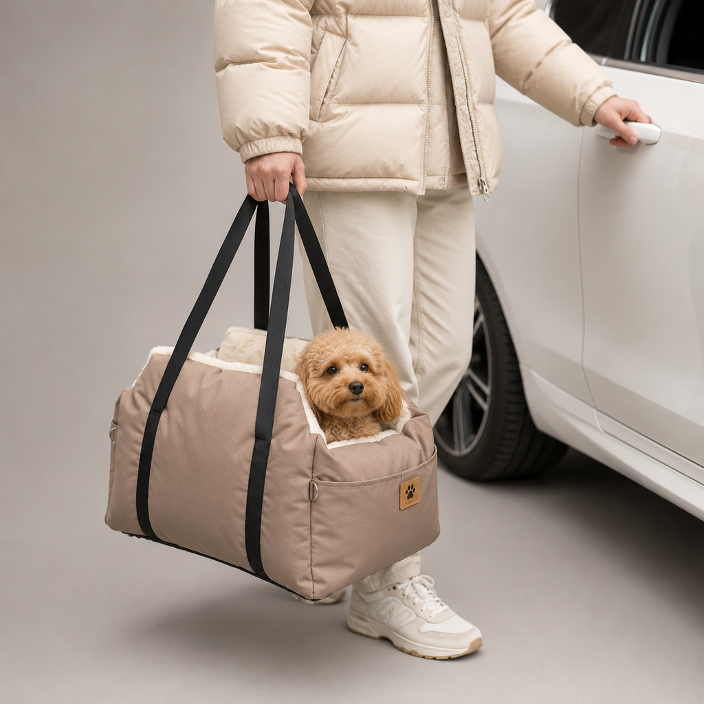 Hundeautositz wird an den Tragegriffen als Tasche getragen