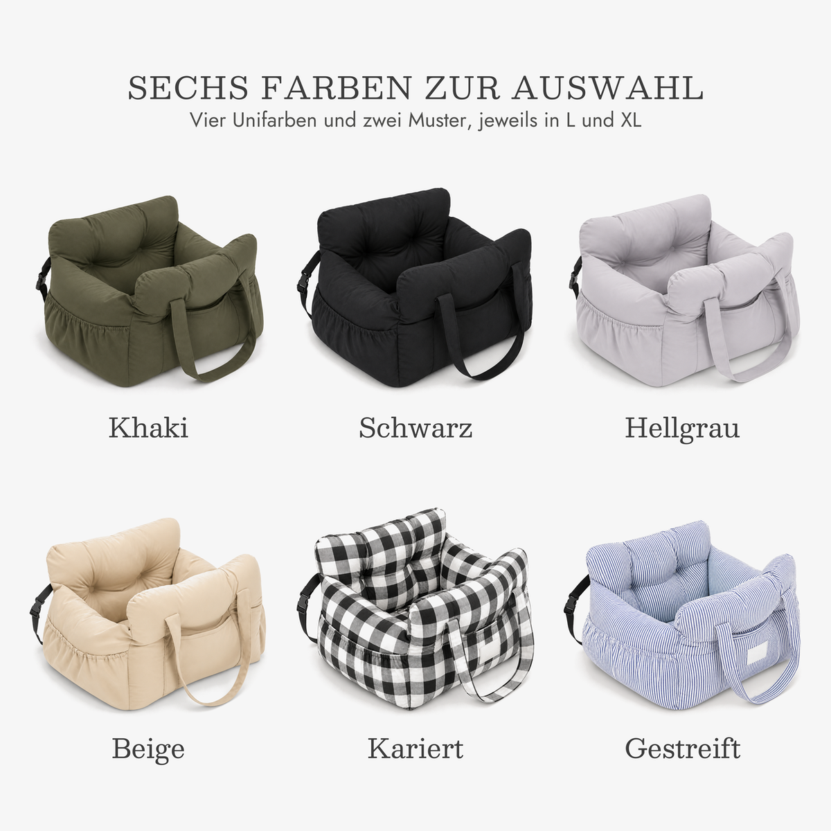 Hundebett fürs Auto in sechs Farben: Khaki, Schwarz, Hellgrau, Beige, Kariert, Gestreift