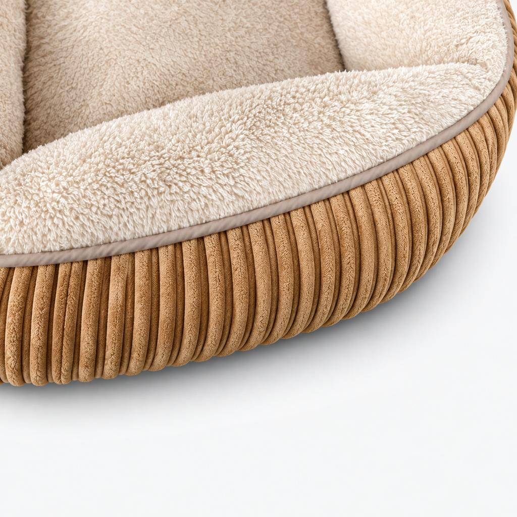 Hundebett Cord – Detail breiter Cord in Camel mit heller Paspel und Teddy-Plüsch
