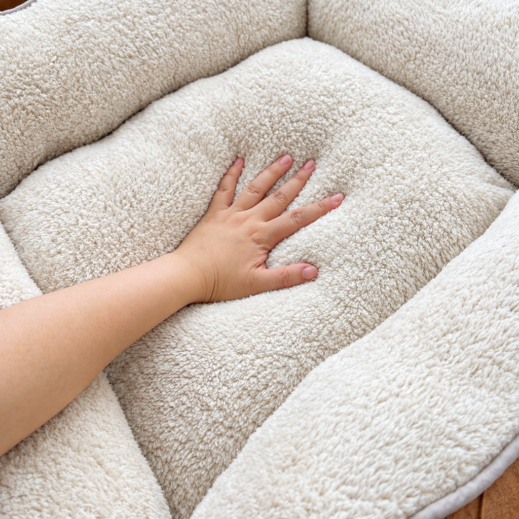 Hundebett Cord – Hand drückt in den weichen Teddy-Plüsch der Liegefläche