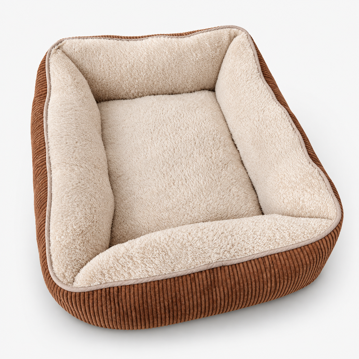 Hundebett Cord in Braun mit cremefarbenem Teddy-Plüsch