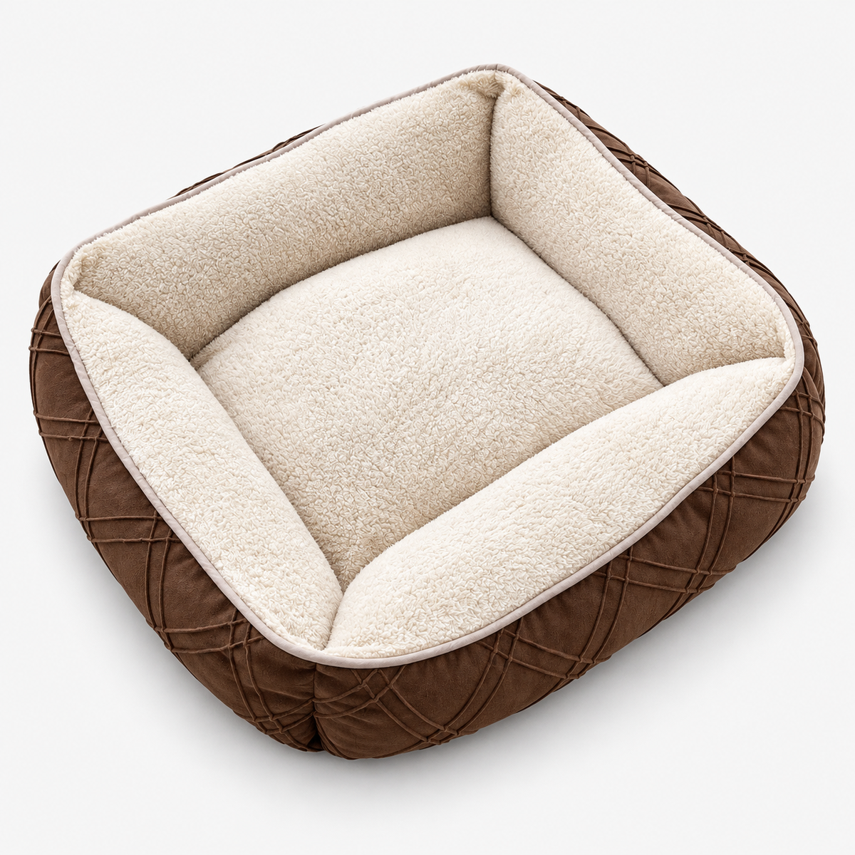 Hundebett in Schoko Velours mit Rautenmuster und cremefarbenem Teddy-Plüsch
