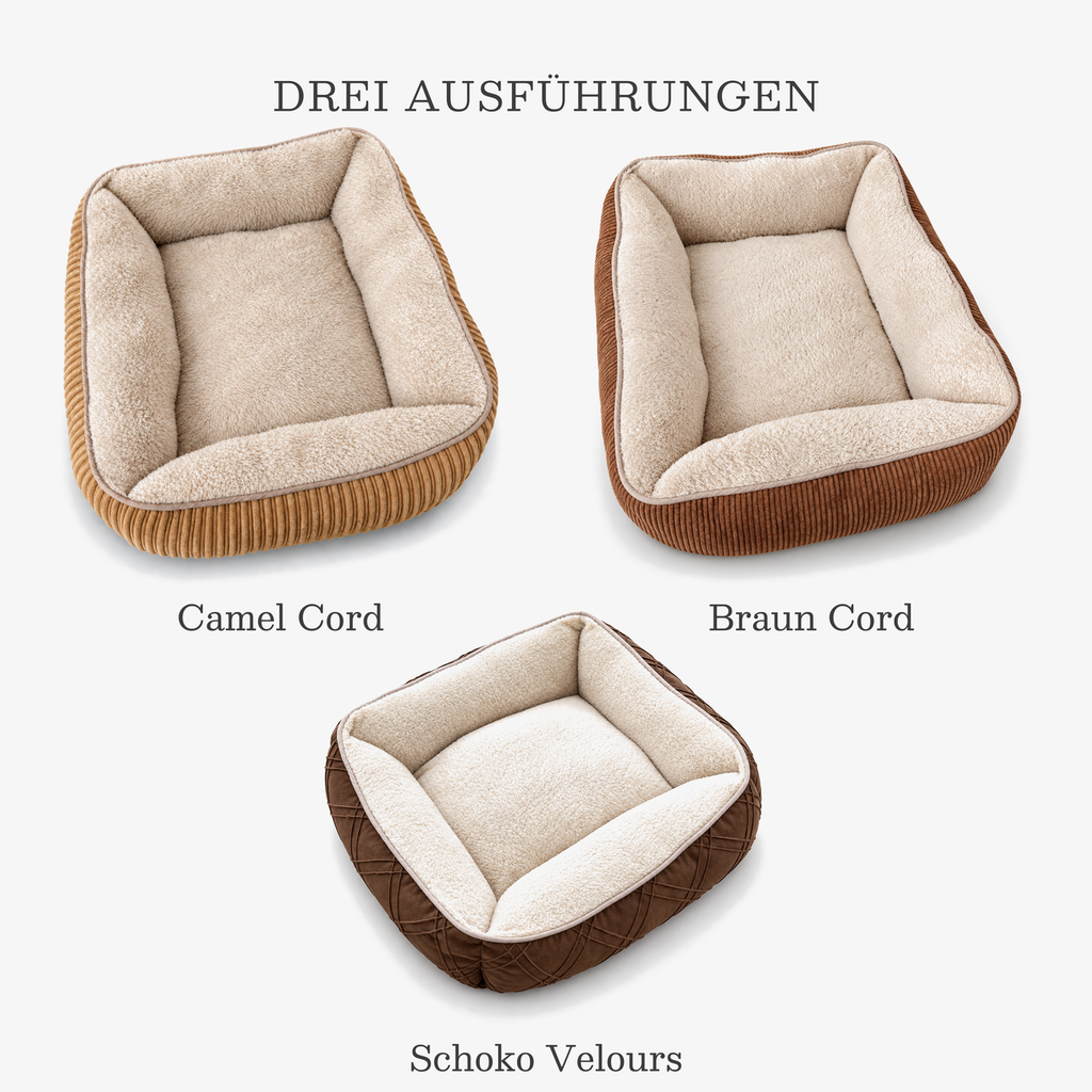 Hundebett Cord in drei Ausführungen: Camel Cord, Braun Cord, Schoko Velours