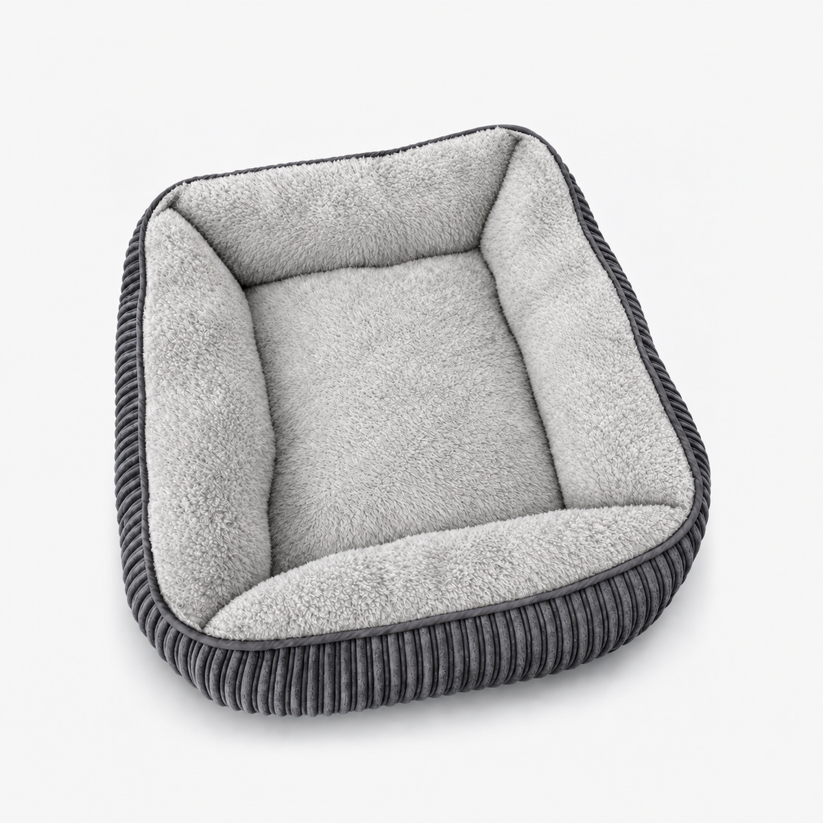 Hundebett Cord in Grau mit hellgrauem Teddy-Plüsch und Rand rundum