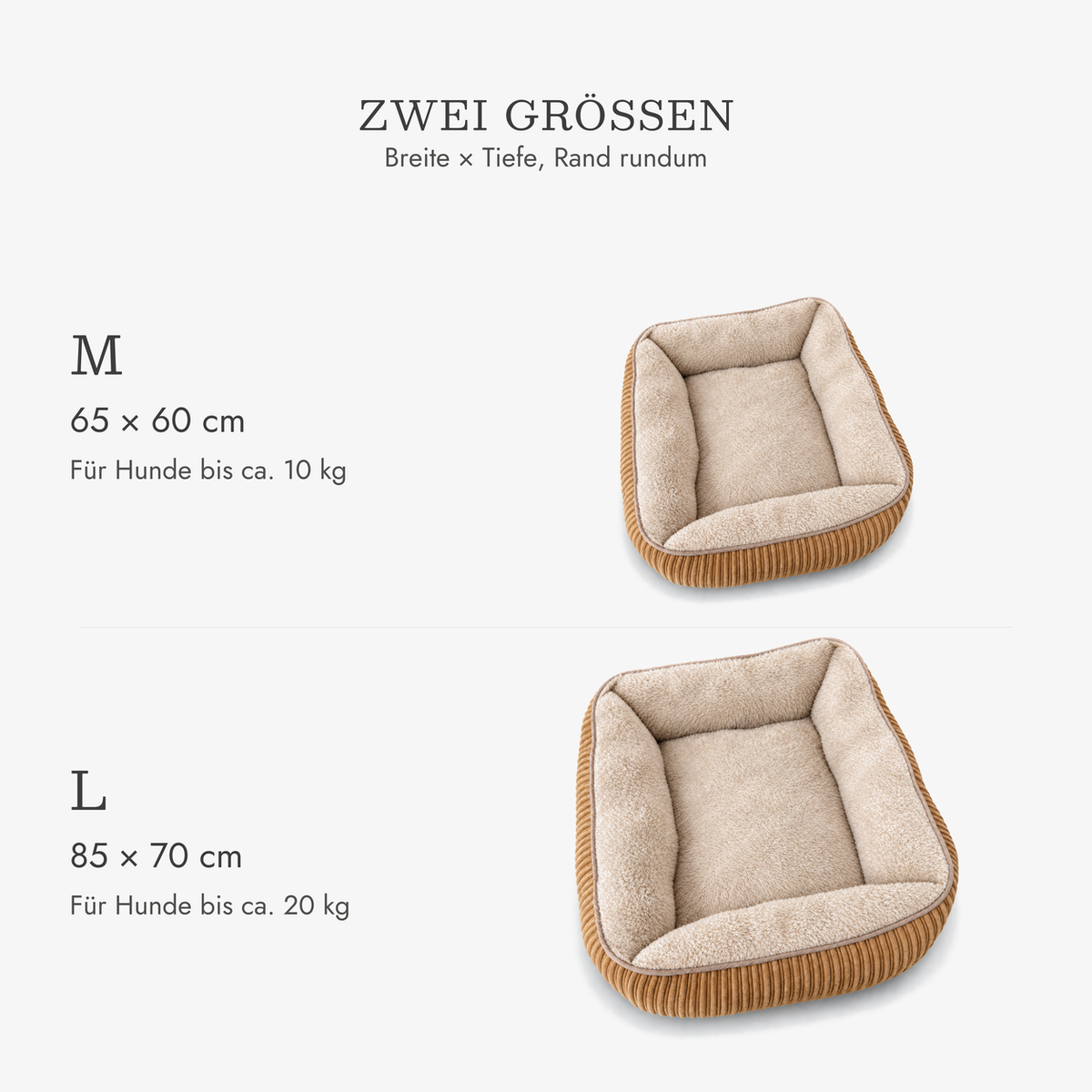 Hundebett Cord in zwei Größen: M 65 × 60 cm für Hunde bis ca. 10 kg, L 85 × 70 cm für Hunde bis ca. 20 kg