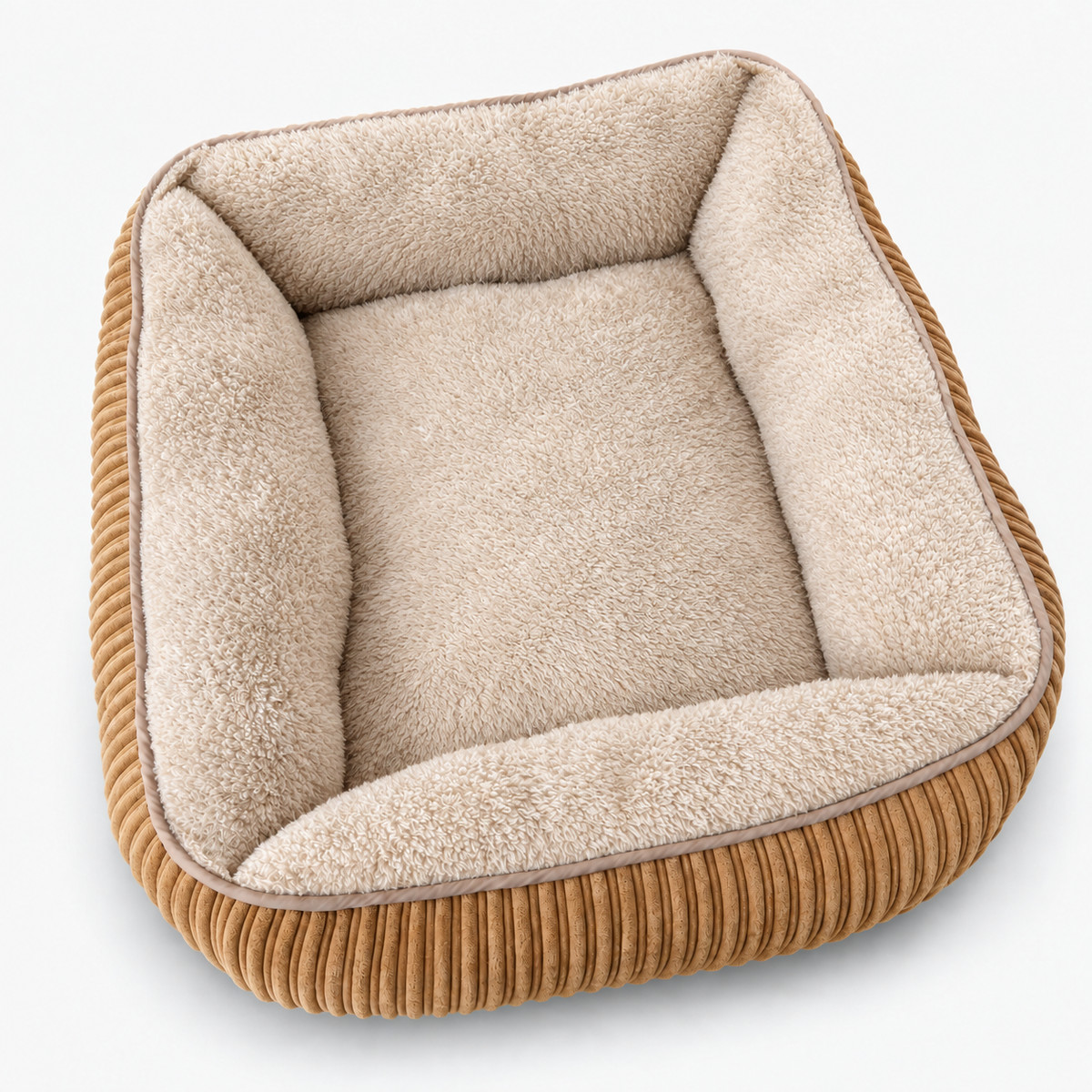 Hundebett Cord in Camel mit cremefarbenem Teddy-Plüsch und Rand rundum