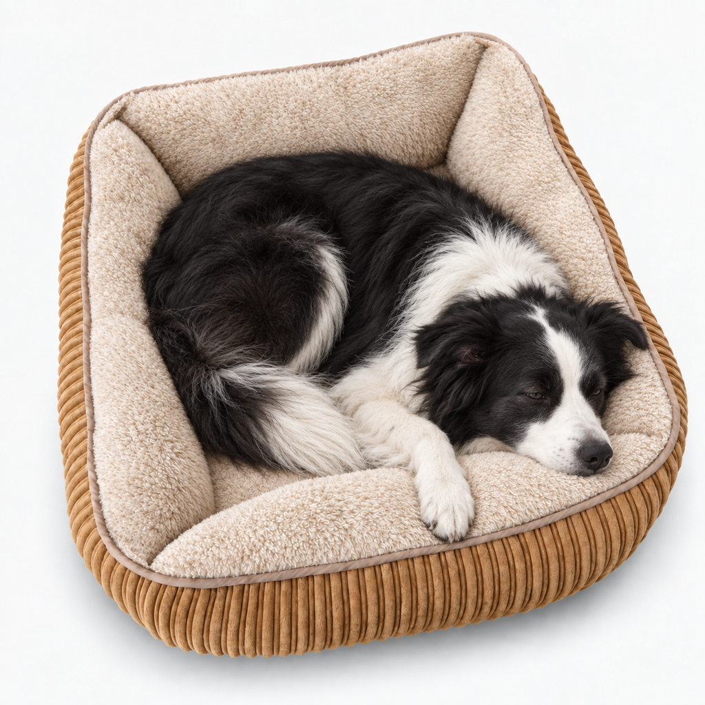 Border Collie schläft eingerollt im Hundebett Cord in Camel, Kopf auf dem Rand