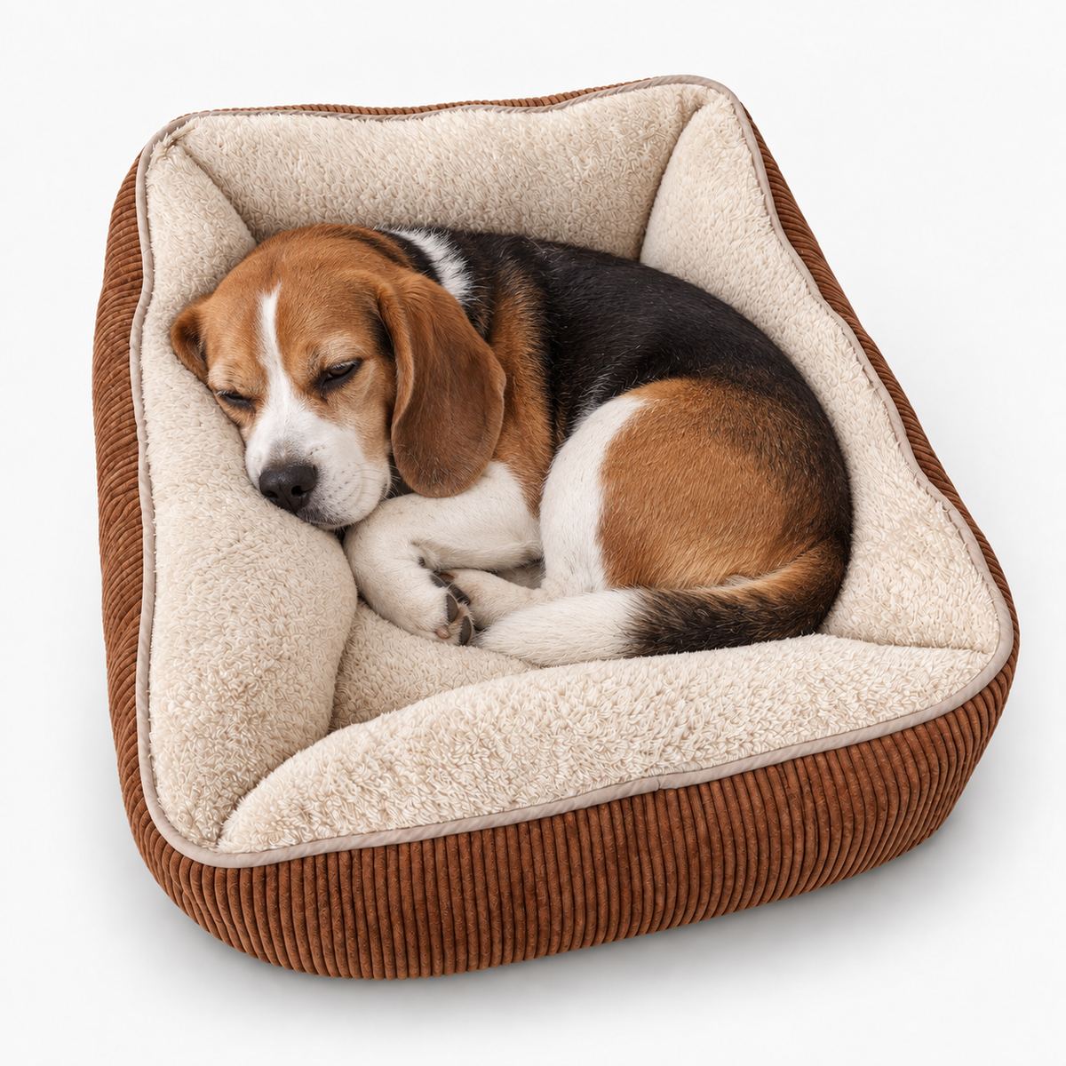 Beagle schläft eingerollt im Hundebett Cord in Braun