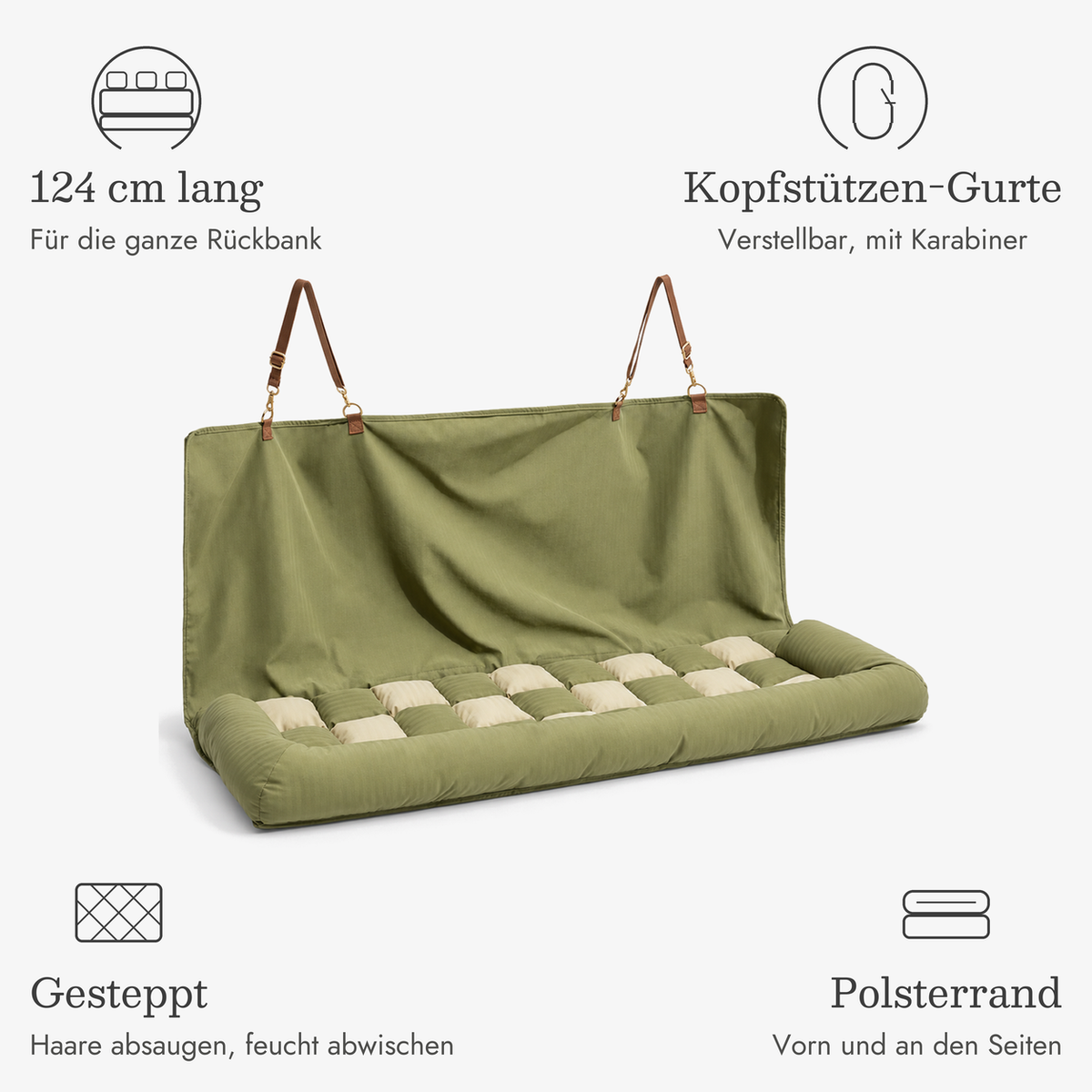 Hundebett für den Rücksitz: 124 cm lang für die ganze Rückbank, Kopfstützen-Gurte mit Karabiner, gesteppt und pflegeleicht, Polsterrand vorn und an den Seiten