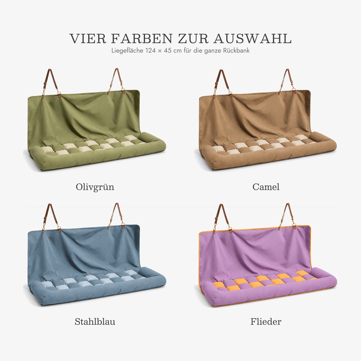 Hundebett für den Rücksitz in vier Farben: Olivgrün, Camel, Stahlblau, Flieder