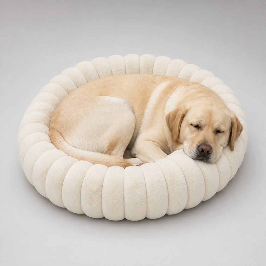 Labrador liegt eingerollt im runden Hundebett