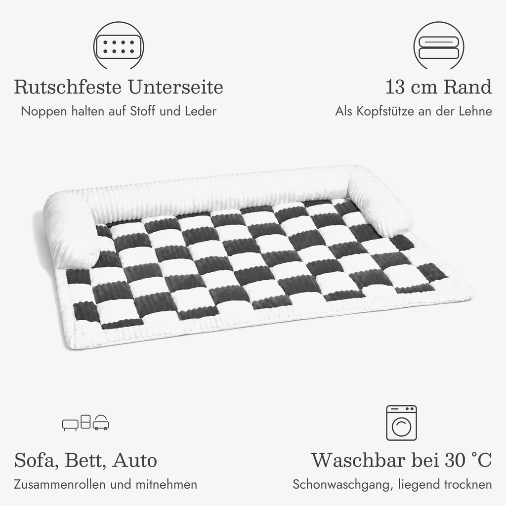 Hundedecke fürs Sofa: rutschfeste Unterseite, 13 cm Rand als Kopfstütze, für Sofa, Bett und Auto, waschbar bei 30 °C