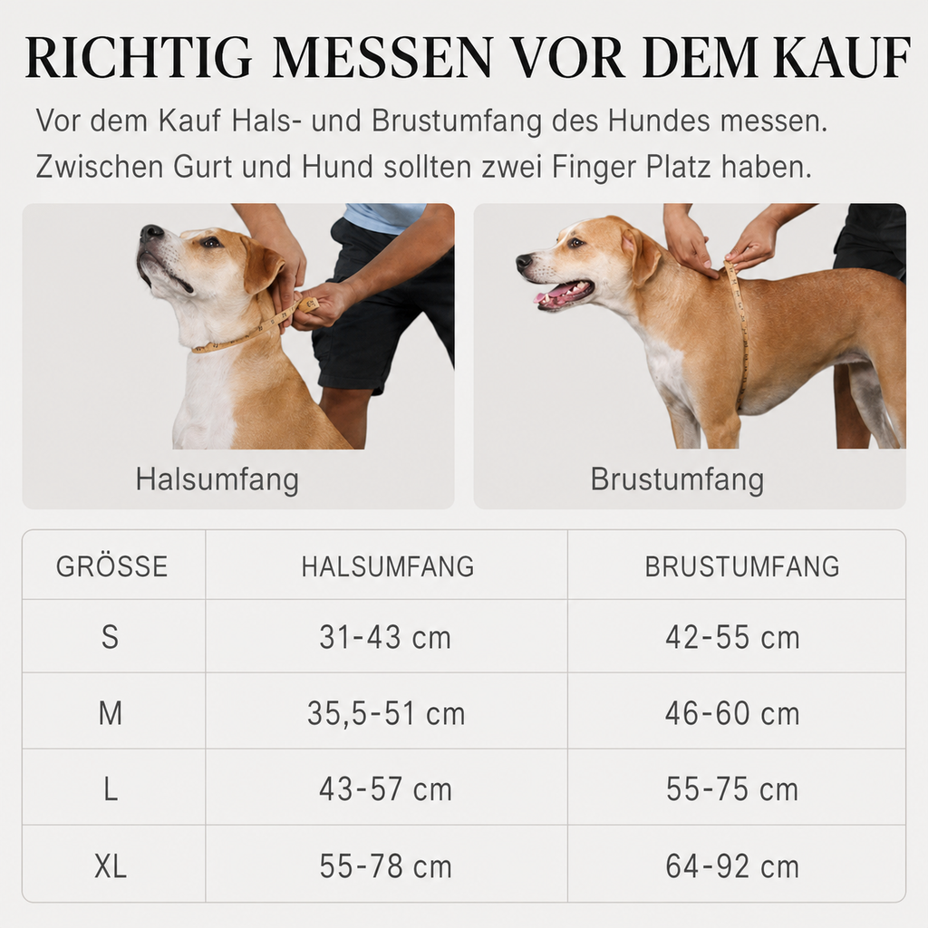 Maßanleitung Hundegeschirr: Halsumfang und Brustumfang messen, Größentabelle S 31-43/42-55 cm bis XL 55-78/64-92 cm
