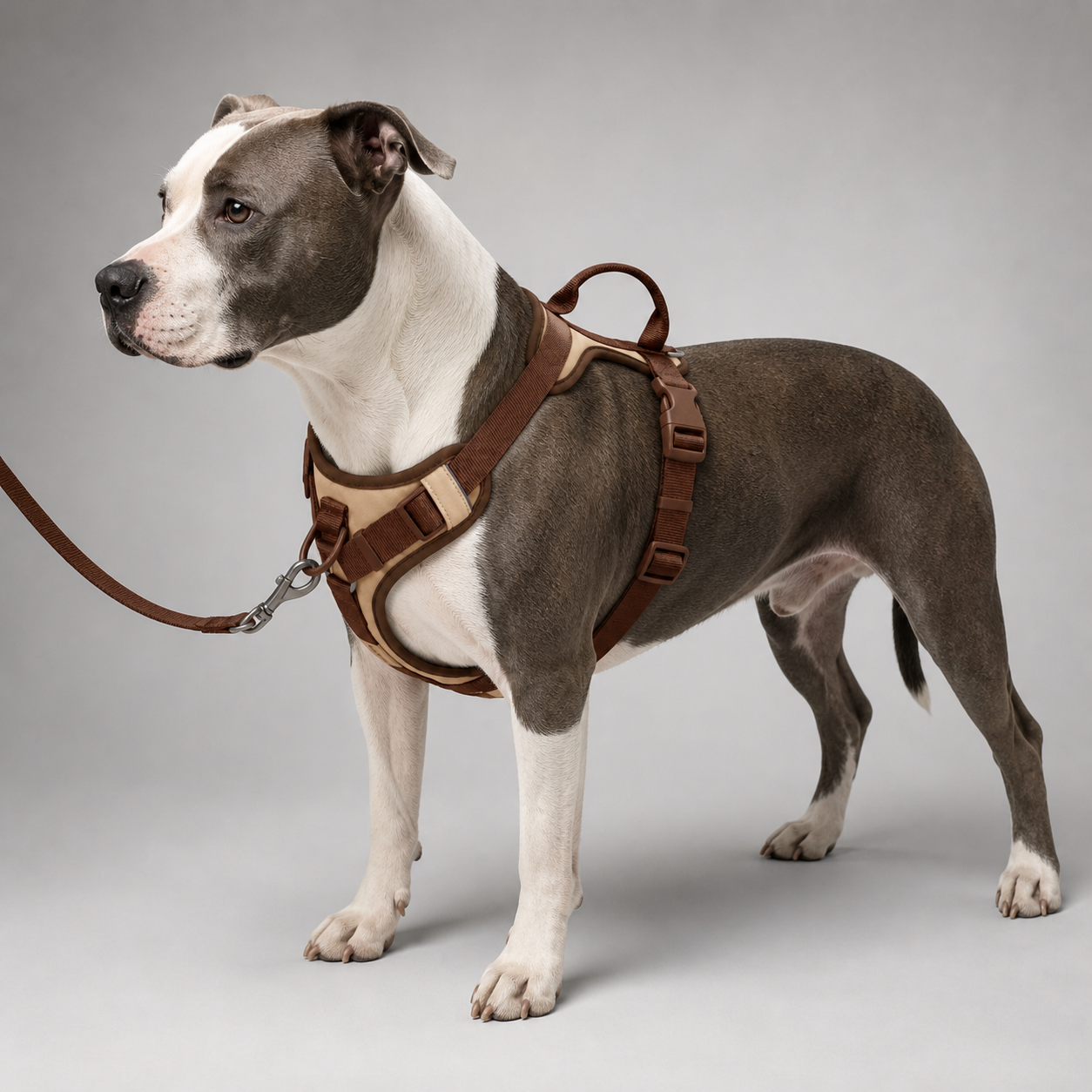 Hund trägt das Hundegeschirr mit Brustring beim Spaziergang