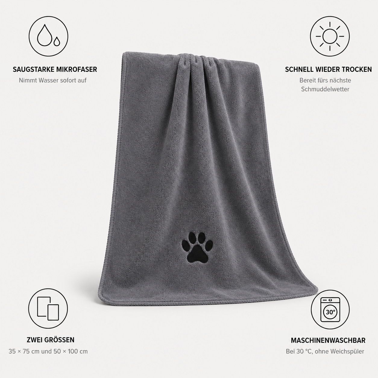 Vorteile des Hundehandtuchs im Überblick: saugstarke Mikrofaser, schnelltrocknend, waschbar, zwei Größen