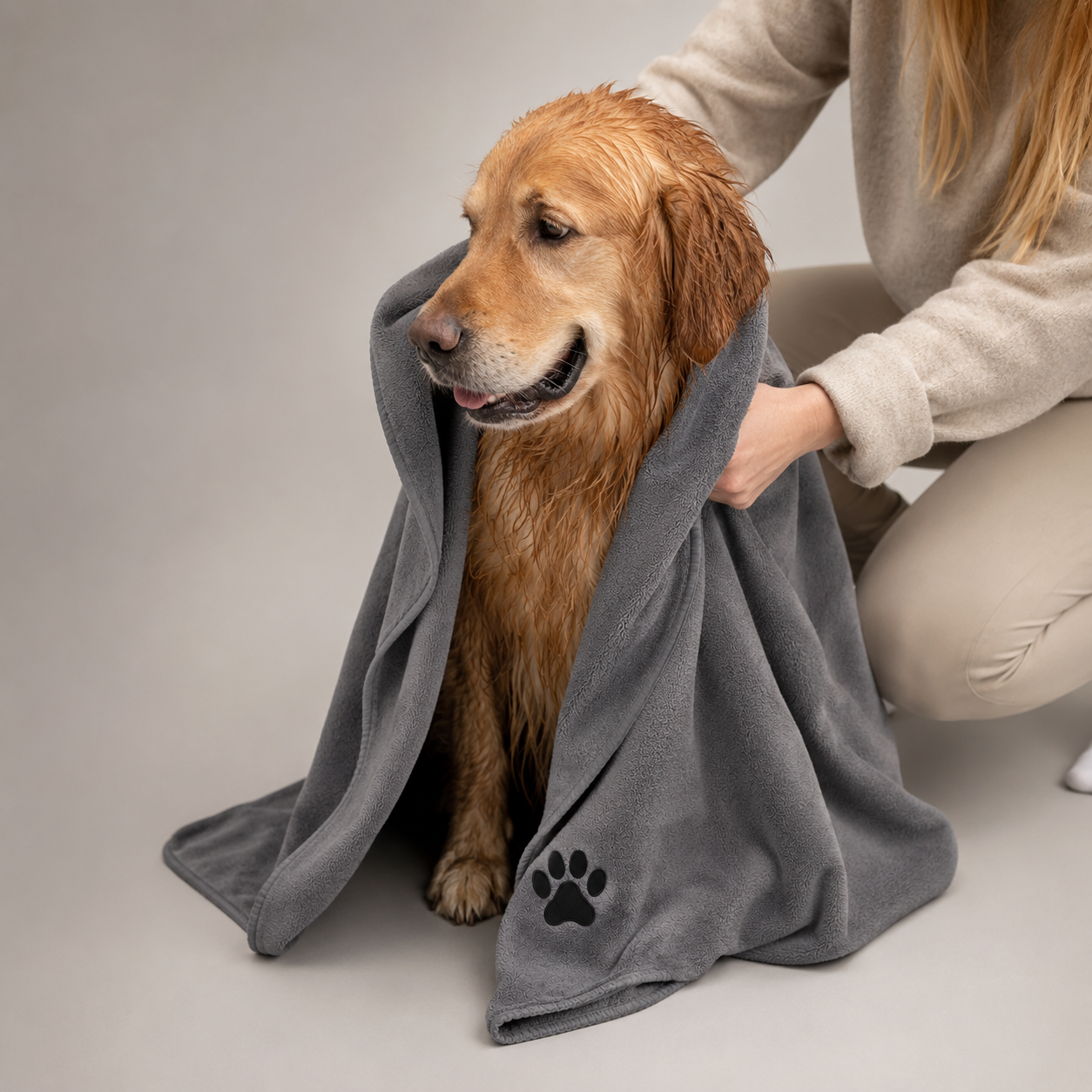 Hund wird nach dem Baden mit dem Hundehandtuch abgetrocknet