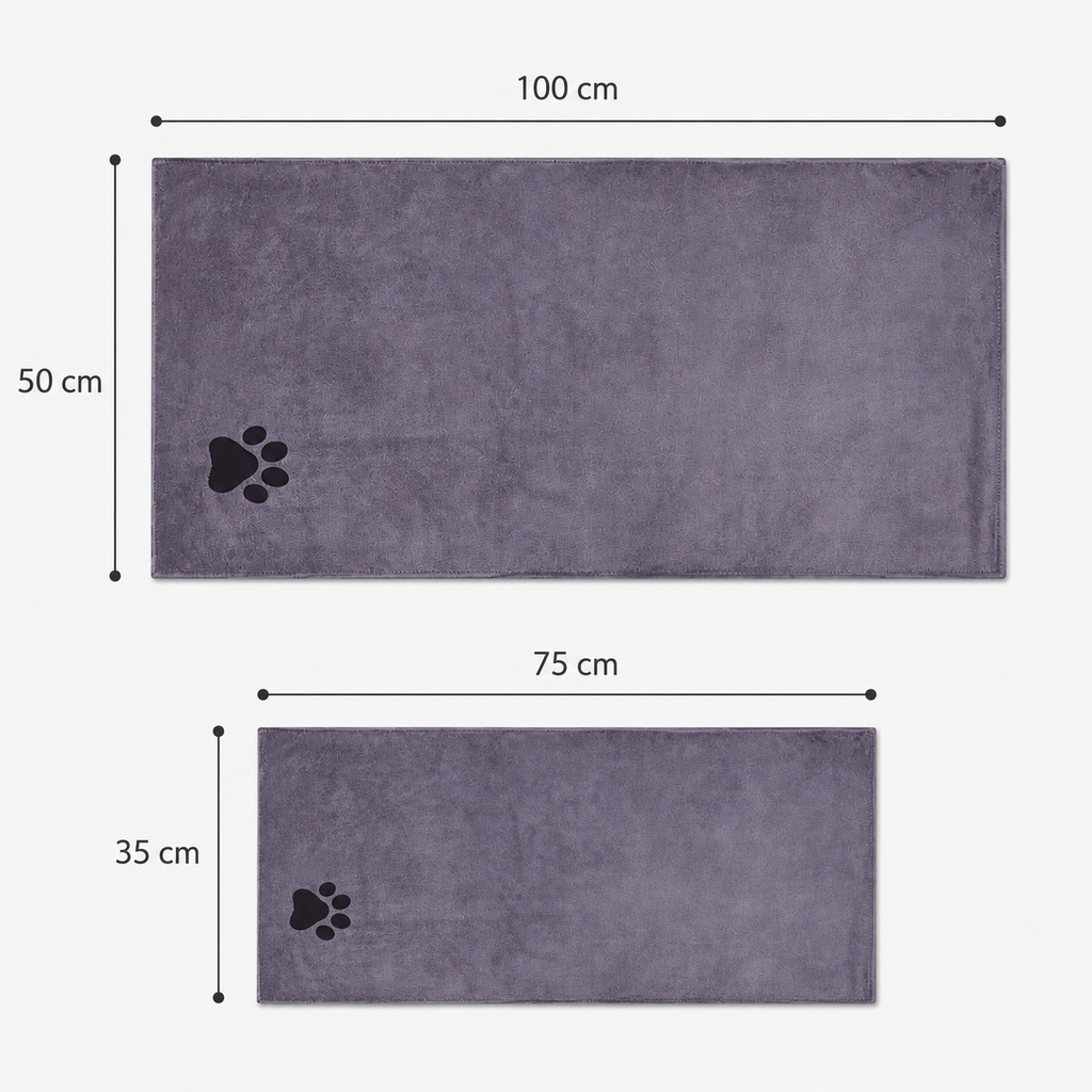 Maße des Hundehandtuchs: 35 x 75 cm und 50 x 100 cm