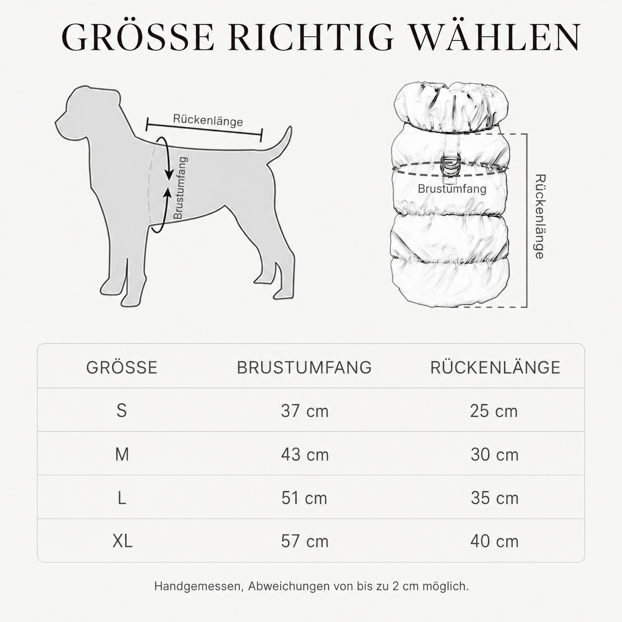 Hundemantel gefüttert – Größentabelle und Messanleitung