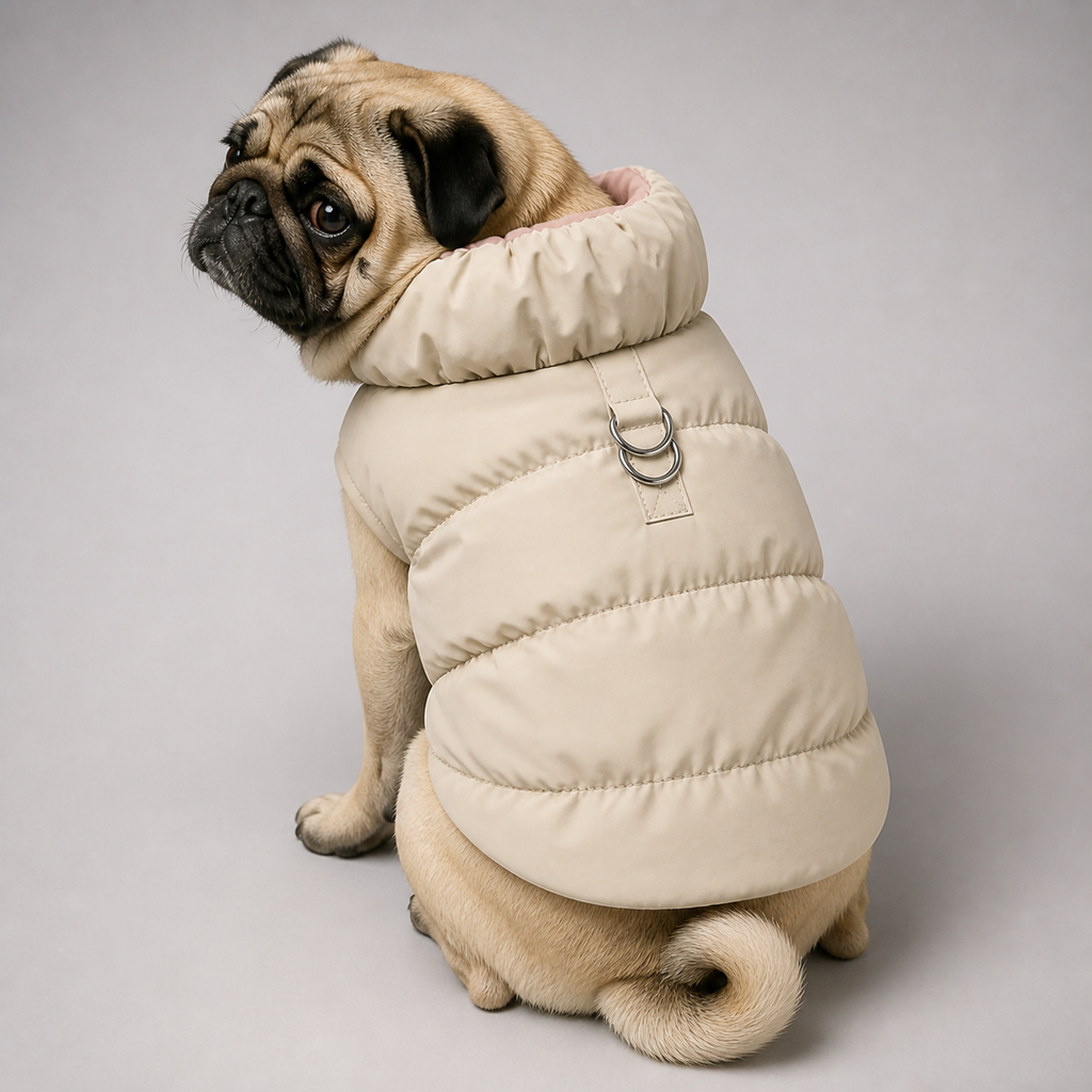 Mops trägt den gefütterten Hundemantel