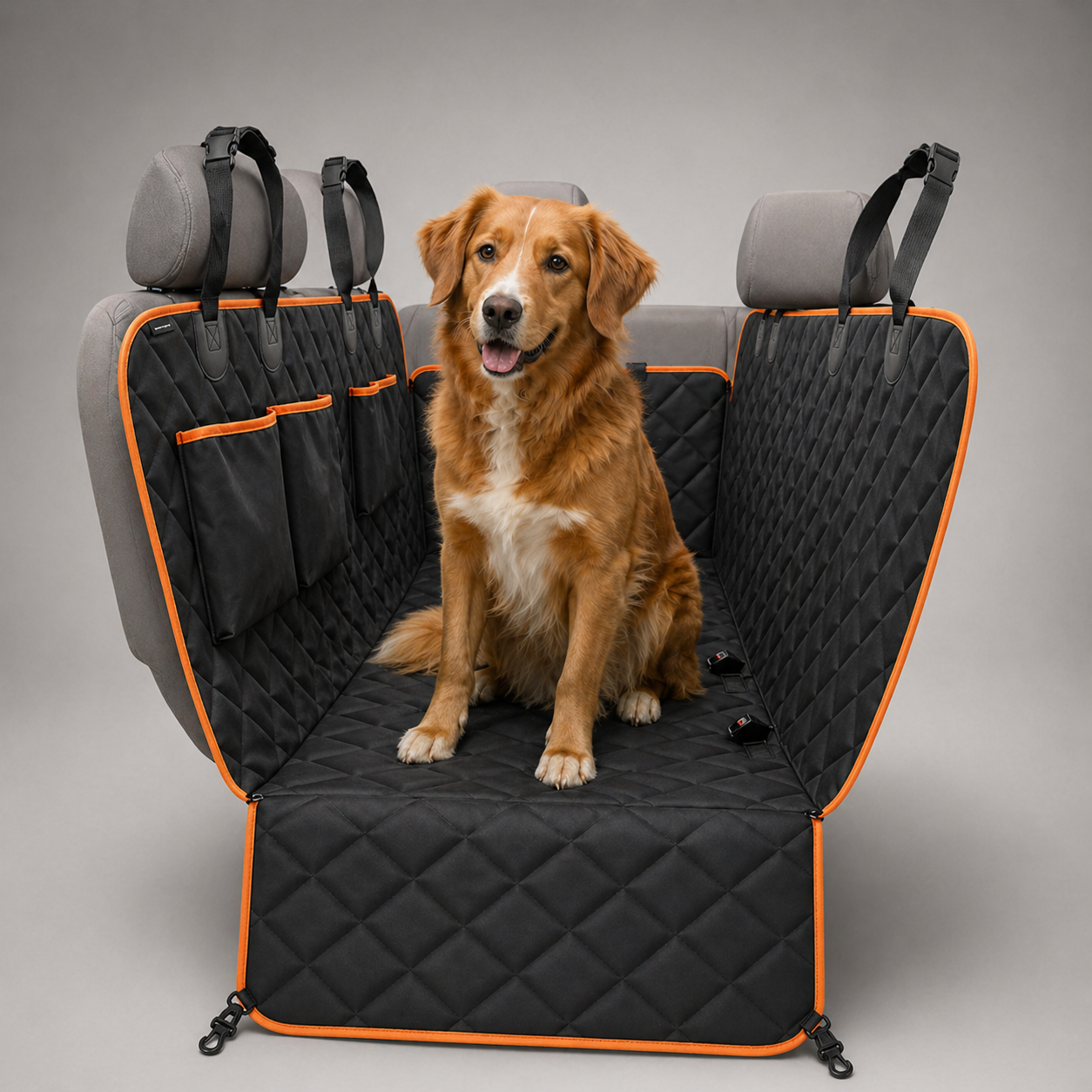 Hund liegt auf der Hundeschutzmatte im Auto