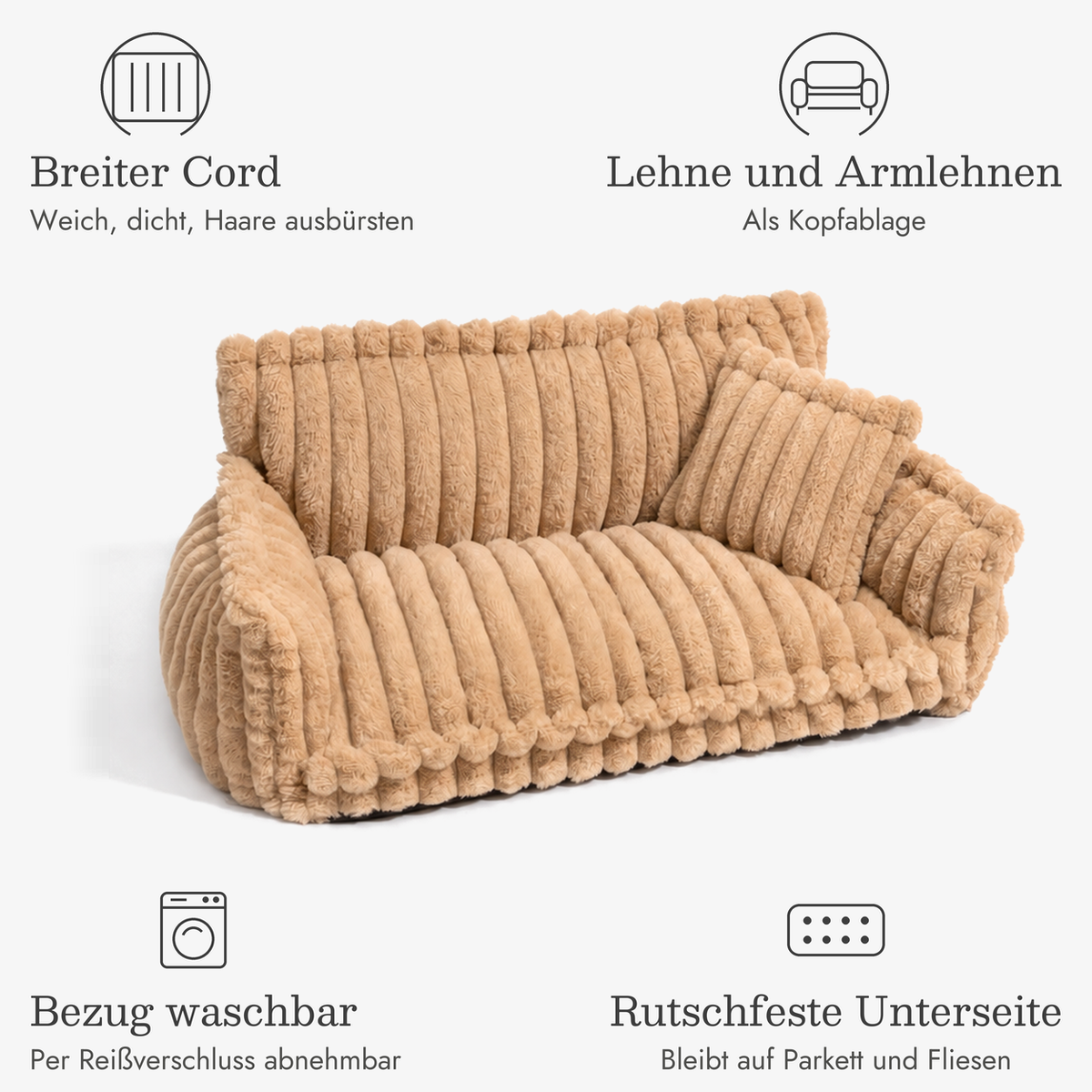 Hundesofa Cord: breiter Cord, Lehne und Armlehnen als Kopfablage, Bezug waschbar, rutschfeste Unterseite