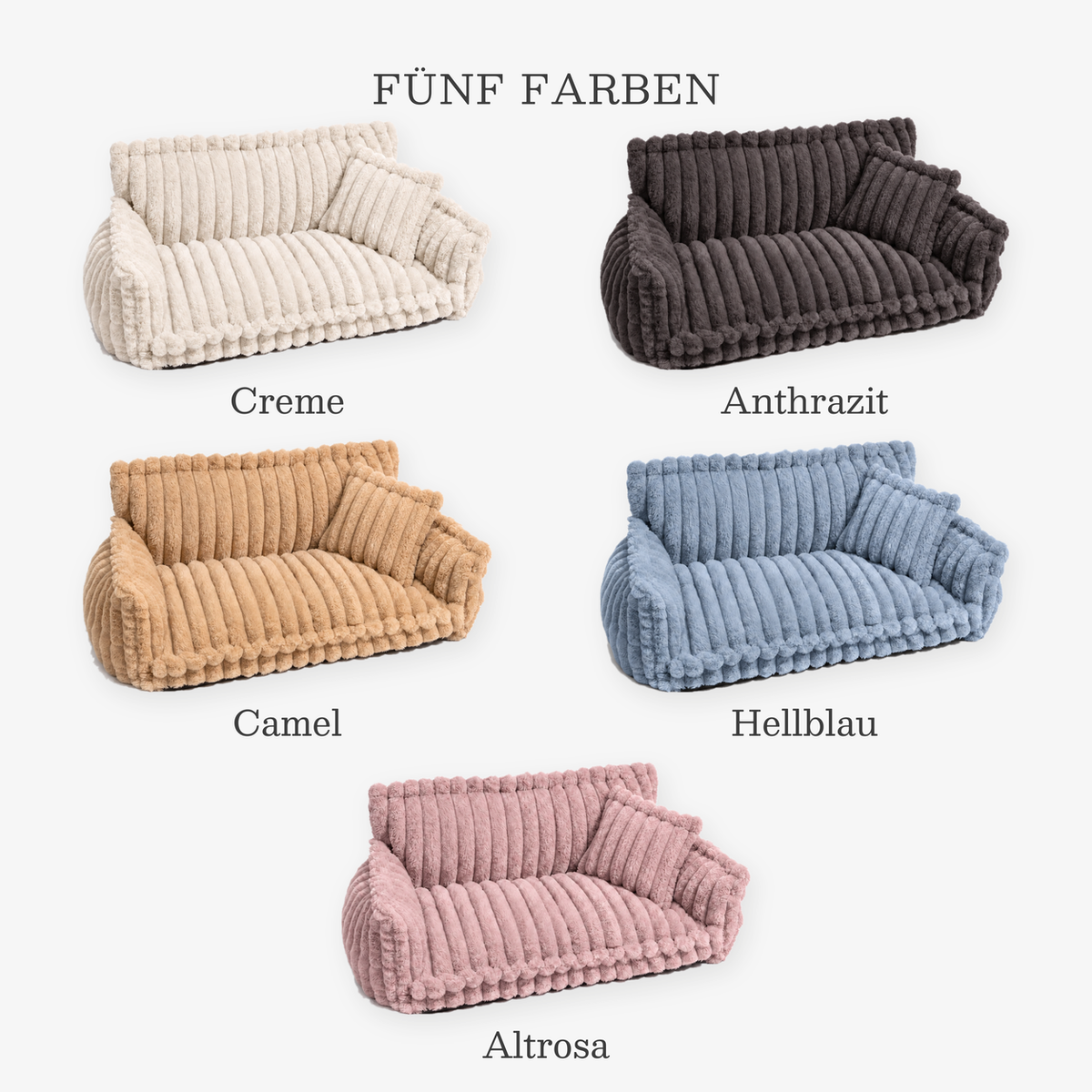 Hundesofa Cord in fünf Farben: Creme, Anthrazit, Camel, Hellblau, Altrosa