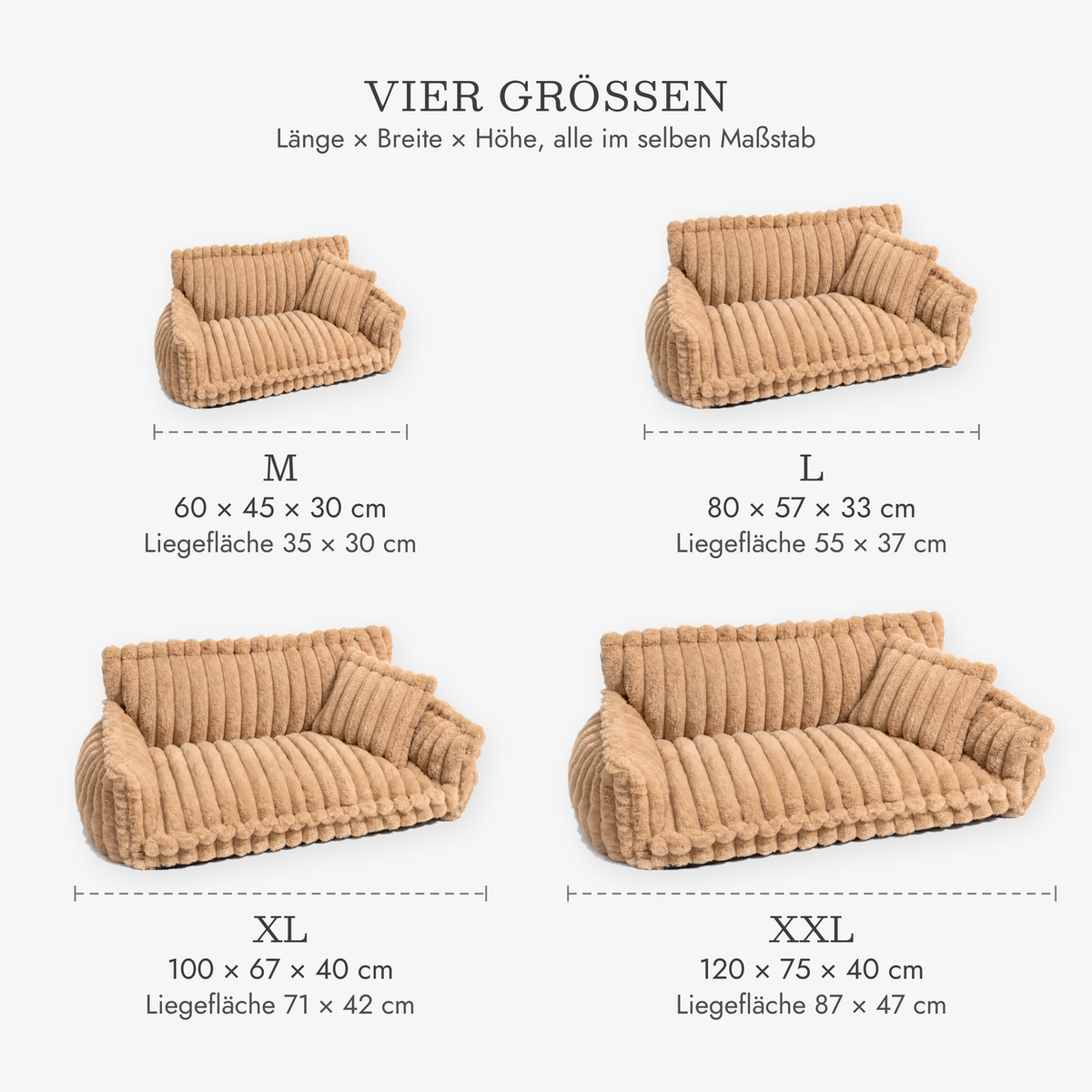 Hundesofa Cord, vier Größen von 60 × 45 bis 120 × 75 cm im Vergleich